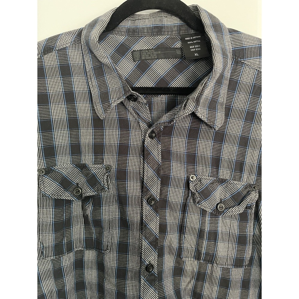 Dysfunctional Lost Men's Plaid Button Down Long Sleeve Shirt XL Black Blue
